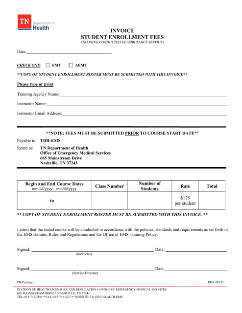 Invoice - Student Enrollment Fees (Training Conducted at Ambulance Service) - Tennessee Download Pdf