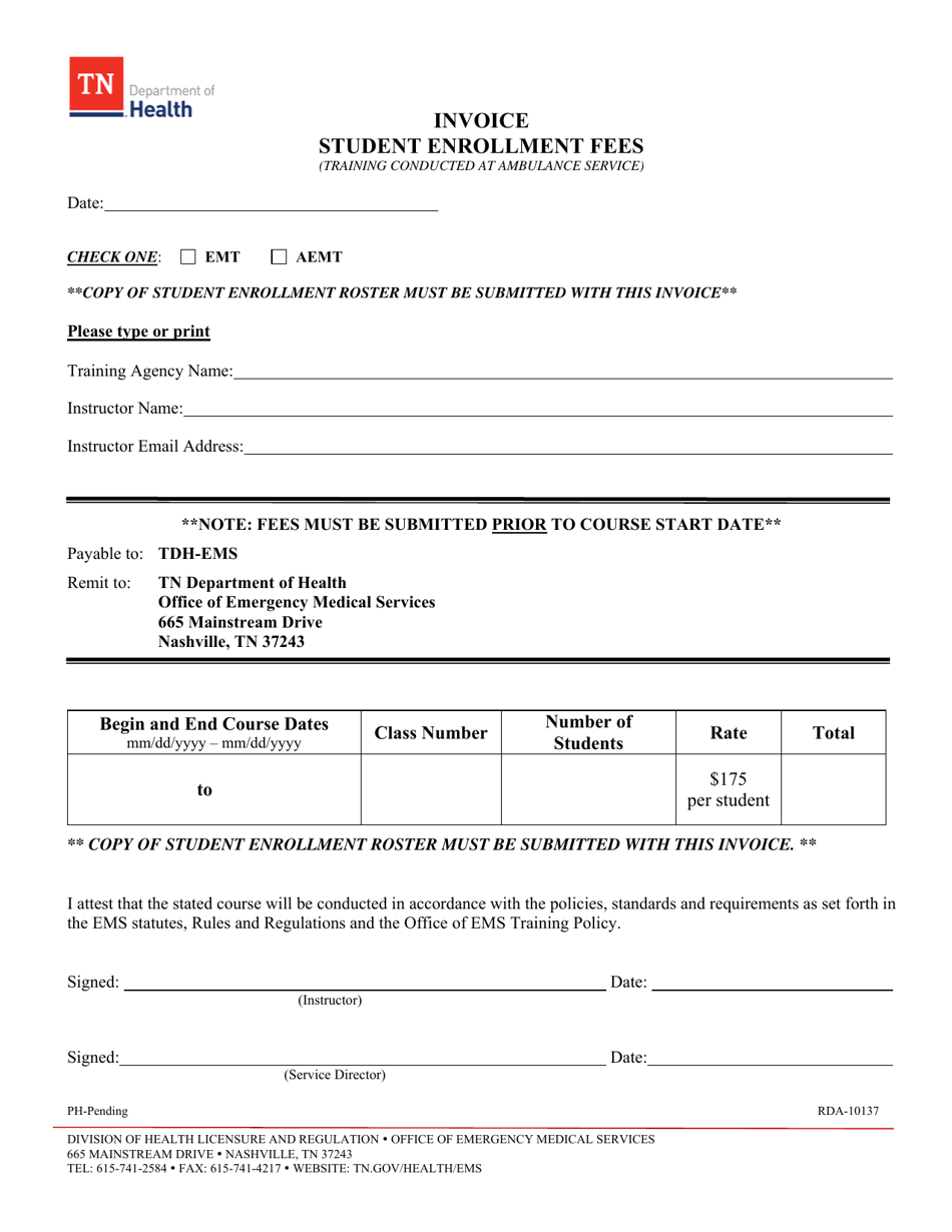 Invoice - Student Enrollment Fees (Training Conducted at Ambulance Service) - Tennessee, Page 1