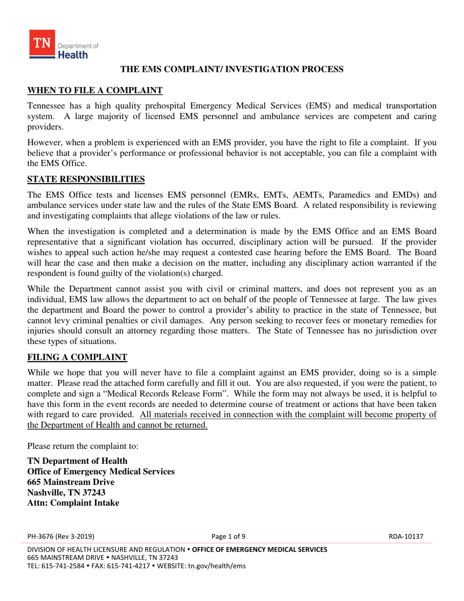 Form PH3676 Download Fillable PDF or Fill Online The EMS Complaint