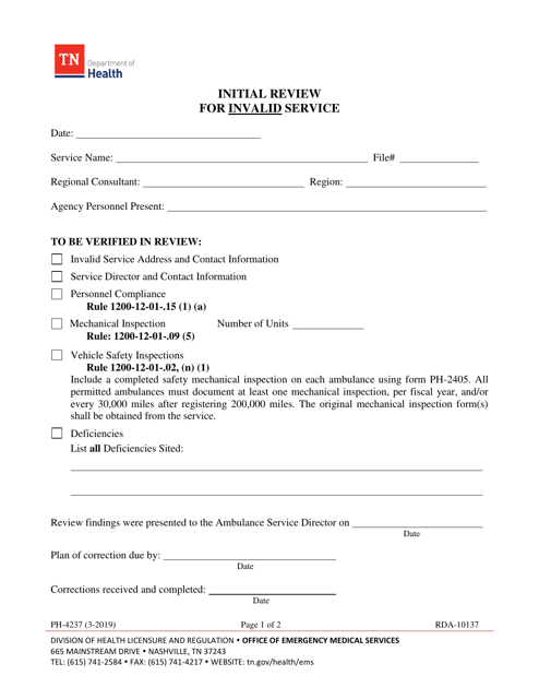 Form PH-4237 Initial Review for Invalid Service - Tennessee