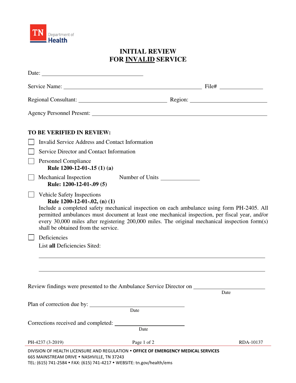 Form PH-4237 Initial Review for Invalid Service - Tennessee, Page 1