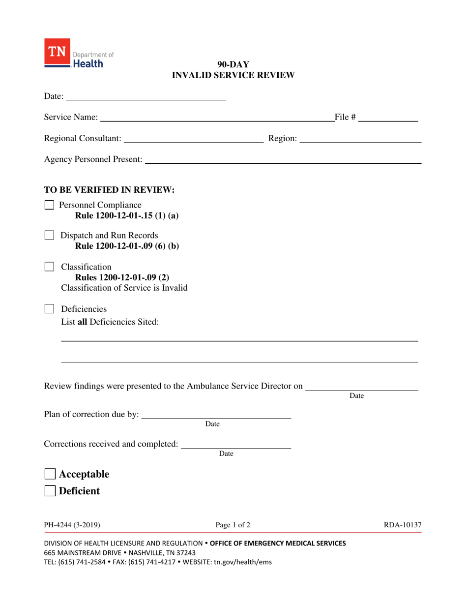 Form PH-4244 90-day Invalid Service Review - Tennessee, Page 1