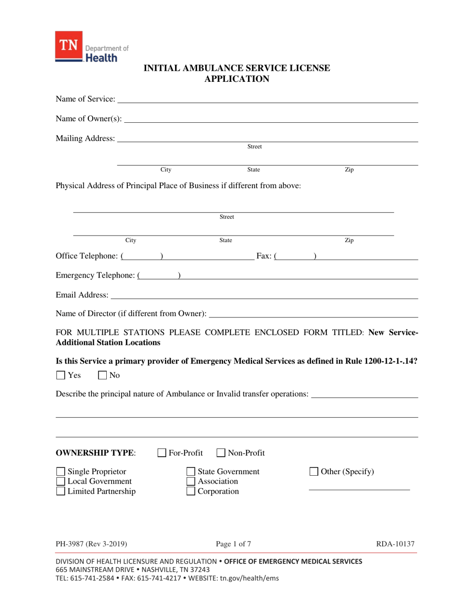 Form PH-3987 Initial Ambulance Service License Application - Tennessee, Page 1