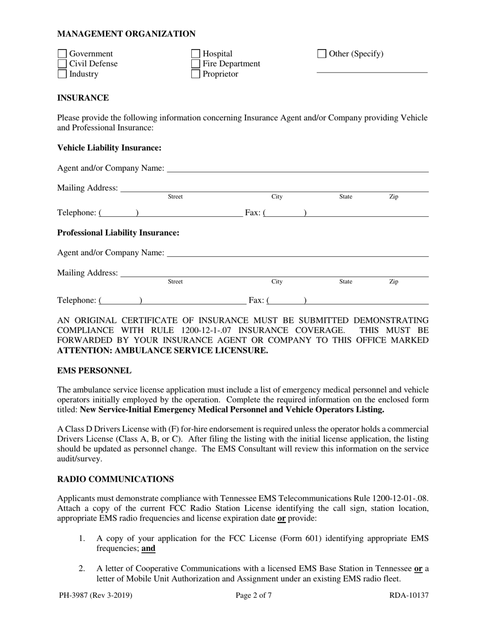 Form PH-3987 Initial Ambulance Service License Application - Tennessee, Page 2
