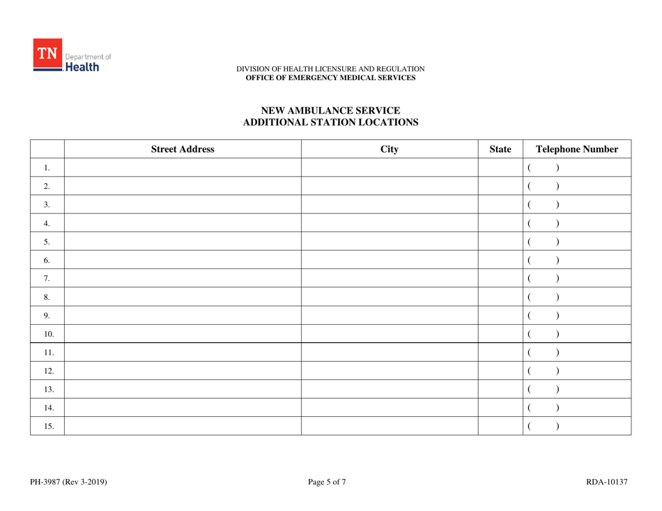 Form PH-3987 Initial Ambulance Service License Application - Tennessee, Page 5