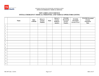 Form PH-3987 Initial Ambulance Service License Application - Tennessee, Page 6