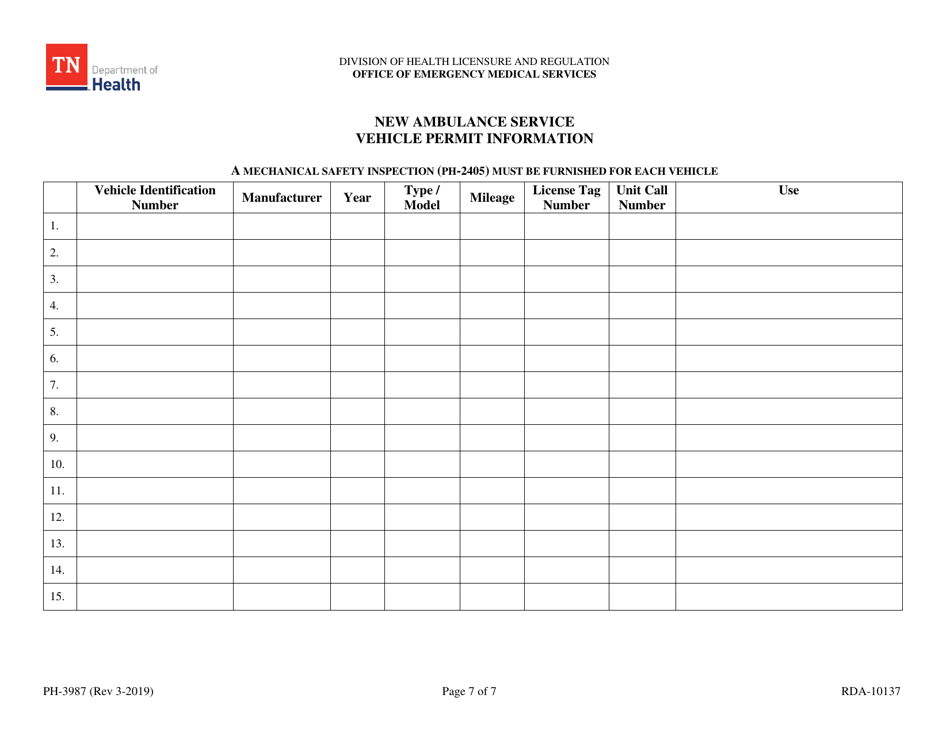 Form PH-3987 Initial Ambulance Service License Application - Tennessee, Page 7