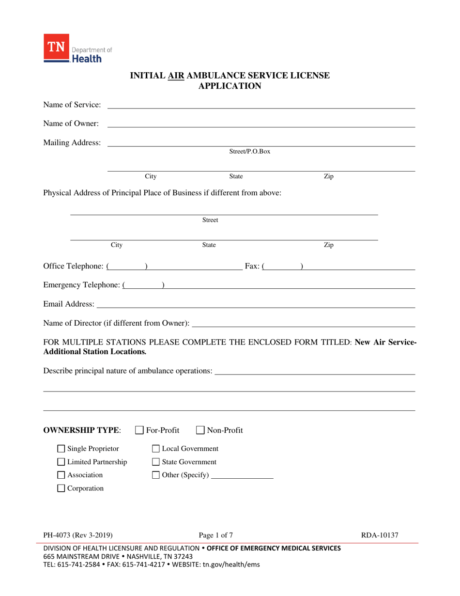Form PH-4073 Initial Air Ambulance Service License Application - Tennessee, Page 1