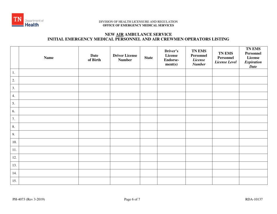 Form PH-4073 Initial Air Ambulance Service License Application - Tennessee, Page 6