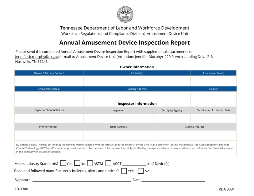 Form LB-3300 Annual Amusement Device Inspection Report - Tennessee