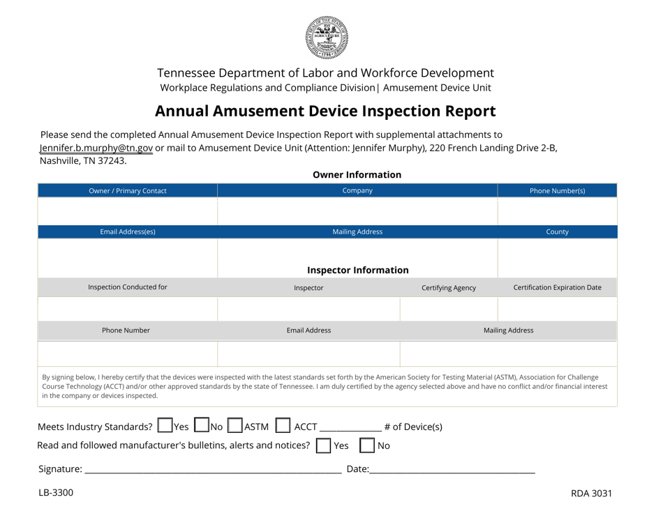 Form LB-3300 Annual Amusement Device Inspection Report - Tennessee, Page 1