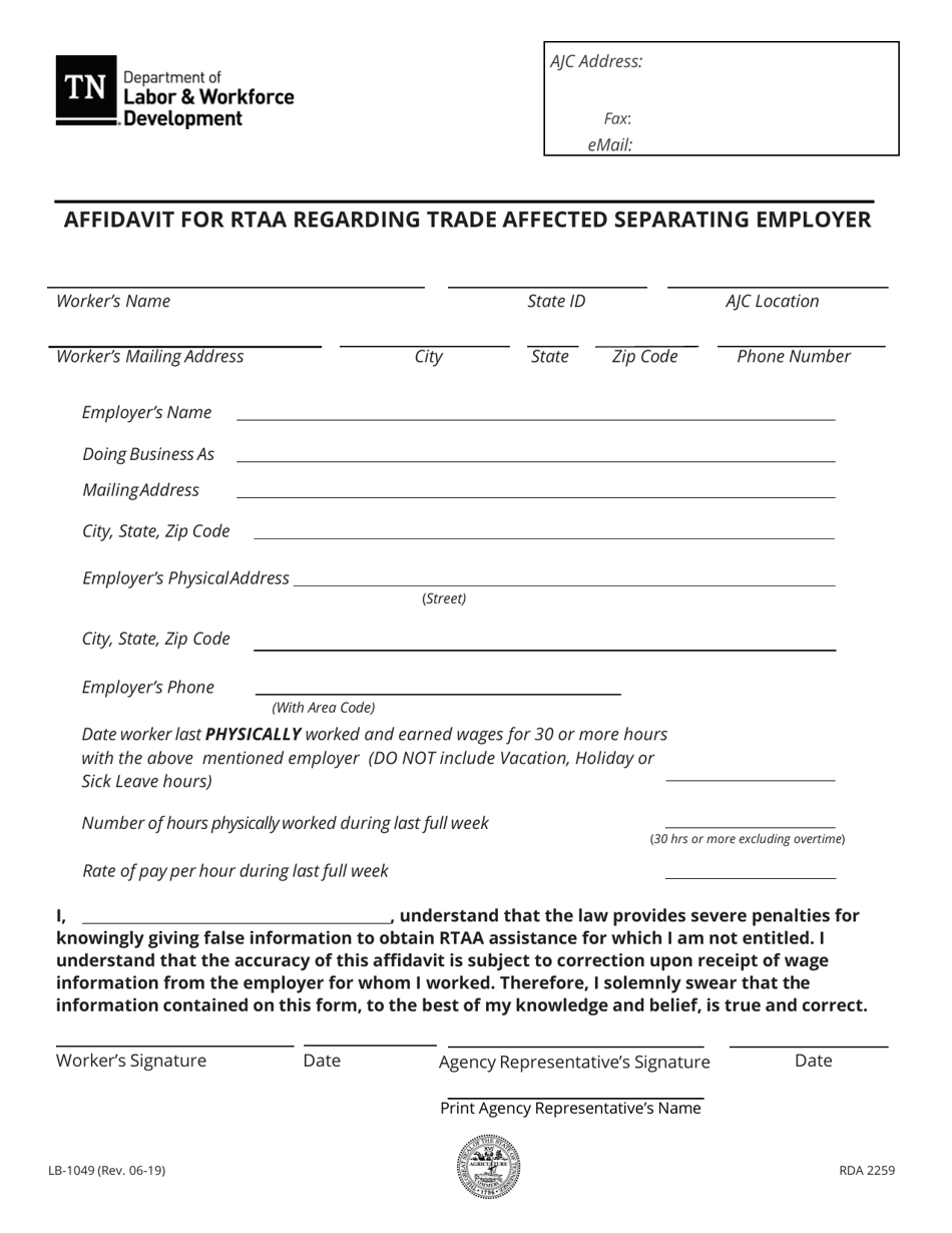 Form LB-1049 Affidavit for Rtaa Regarding Trade Affected Separating Employer - Tennessee, Page 1