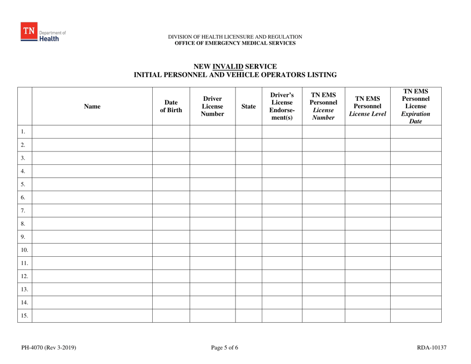 Form PH-4070 Initial Invalid Ambulance Service License Application - Tennessee, Page 5