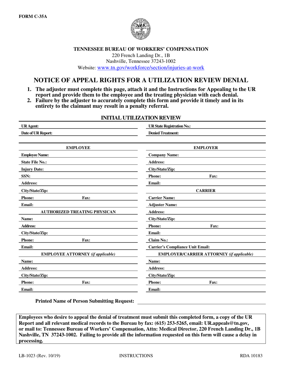 Form C-35A (LB-1023) Notice of Appeal Rights for a Utilization Review Denial - Tennessee, Page 1