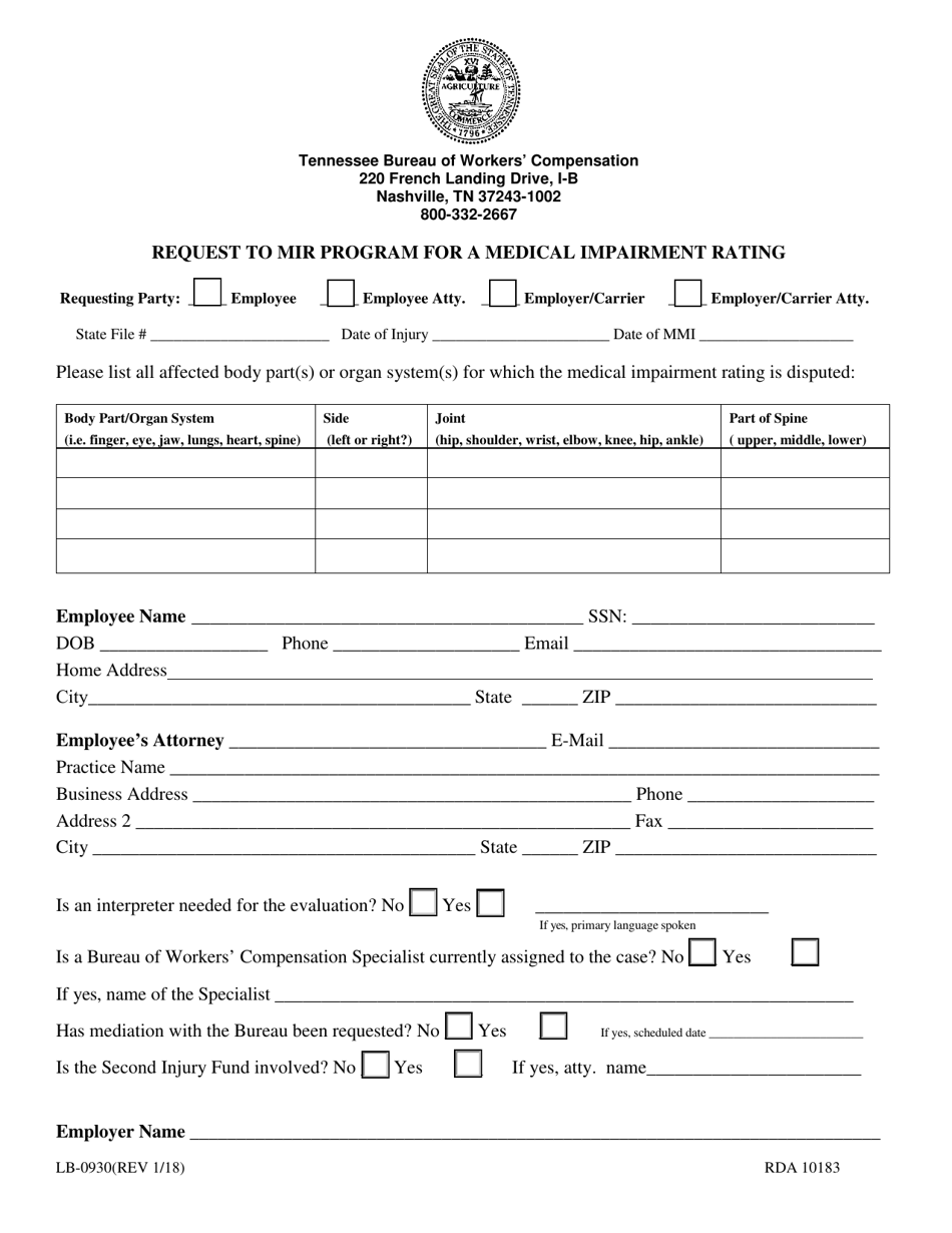 Form LB-0930 Request to Mir Program for a Medical Impairment Rating - Tennessee, Page 1