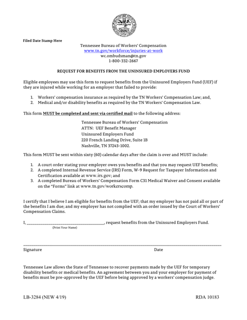 Form LB-3284 Request for Benefits From the Uninsured Employers Fund - Tennessee