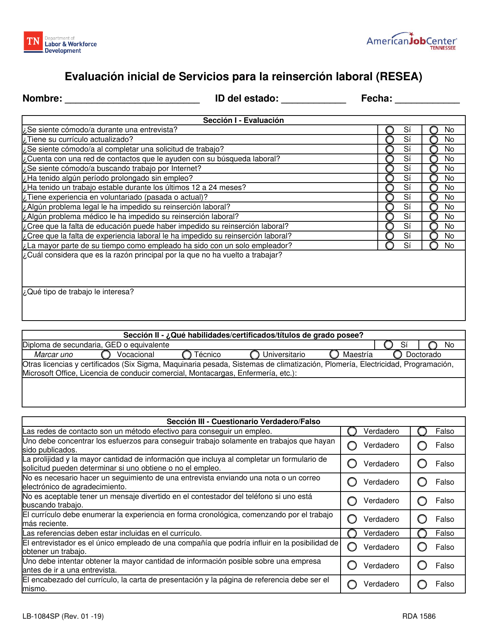 Formulario LB-1084SP Evaluacion Inicial De Servicios Para La Reinsercion Laboral (Resea) - Tennessee (Spanish)