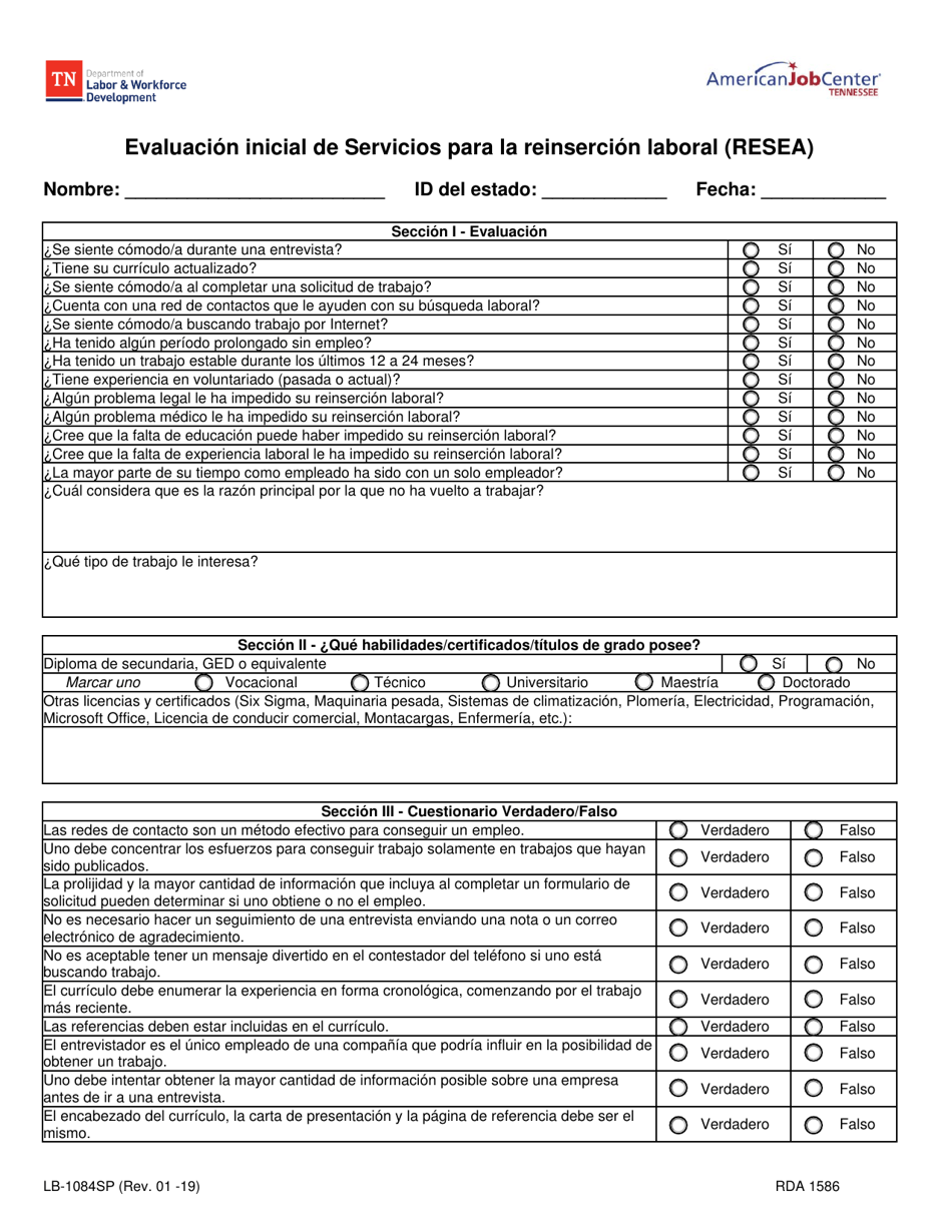 Formulario LB-1084SP Evaluacion Inicial De Servicios Para La Reinsercion Laboral (Resea) - Tennessee (Spanish), Page 1