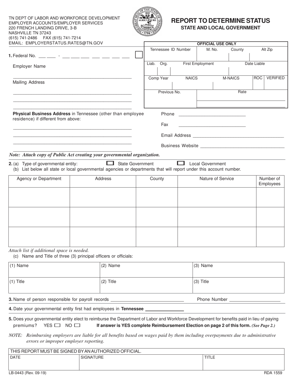 Form LB-0443 Report to Determine Status - State and Local Government - Tennessee, Page 1