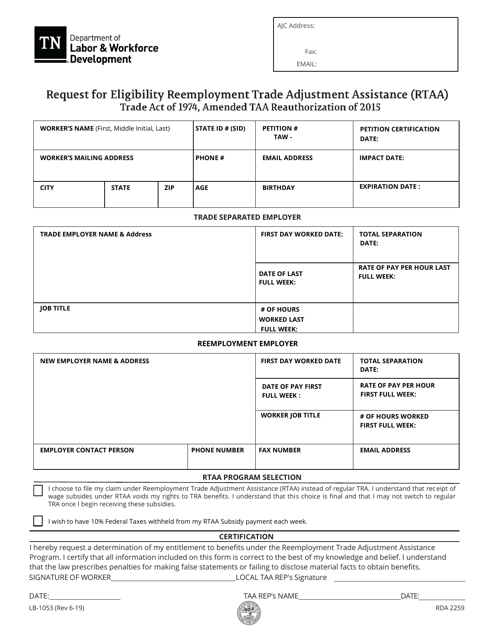 Form LB-1053 Request for Eligibility Reemployment Trade Adjustment Assistance (Rtaa) - Tennessee