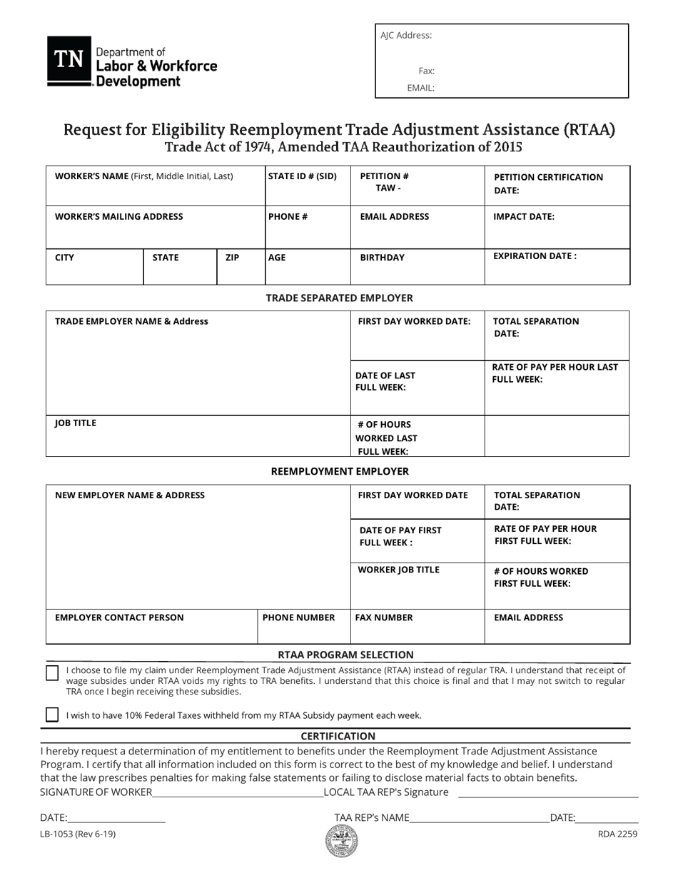 Form LB-1053 Request for Eligibility Reemployment Trade Adjustment Assistance (Rtaa) - Tennessee, Page 1