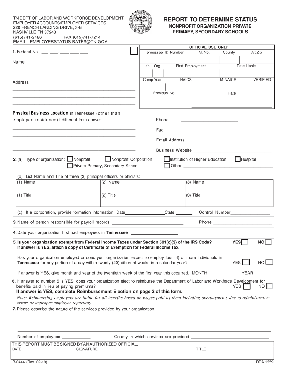 Form LB-0444 Report to Determine Status - Nonprofit Organizations, Private Primary, Secondary Schools - Tennessee, Page 1