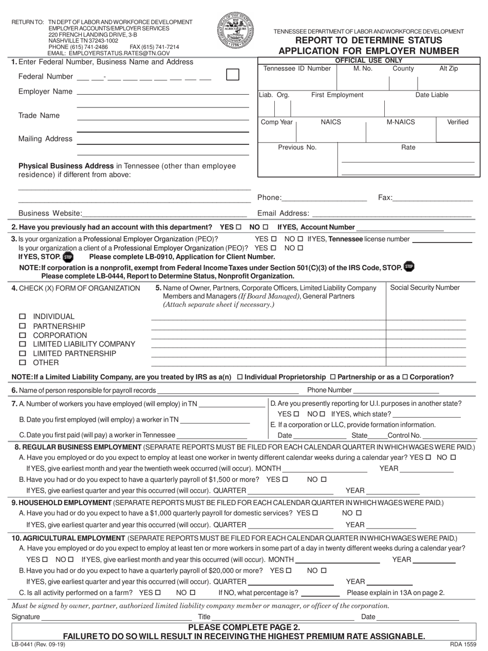 Form LB-0441 Report to Determine Status - Application for Employer Number - Tennessee, Page 1