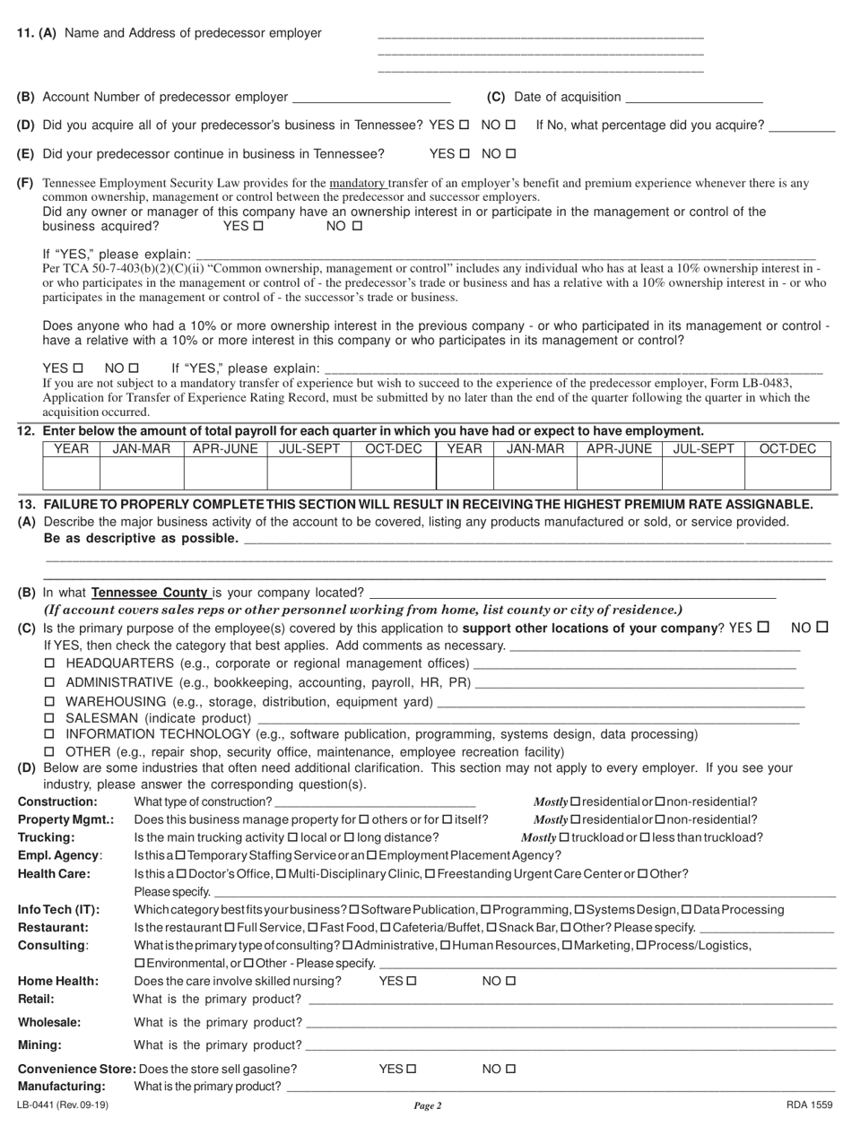Form LB-0441 Report to Determine Status - Application for Employer Number - Tennessee, Page 2