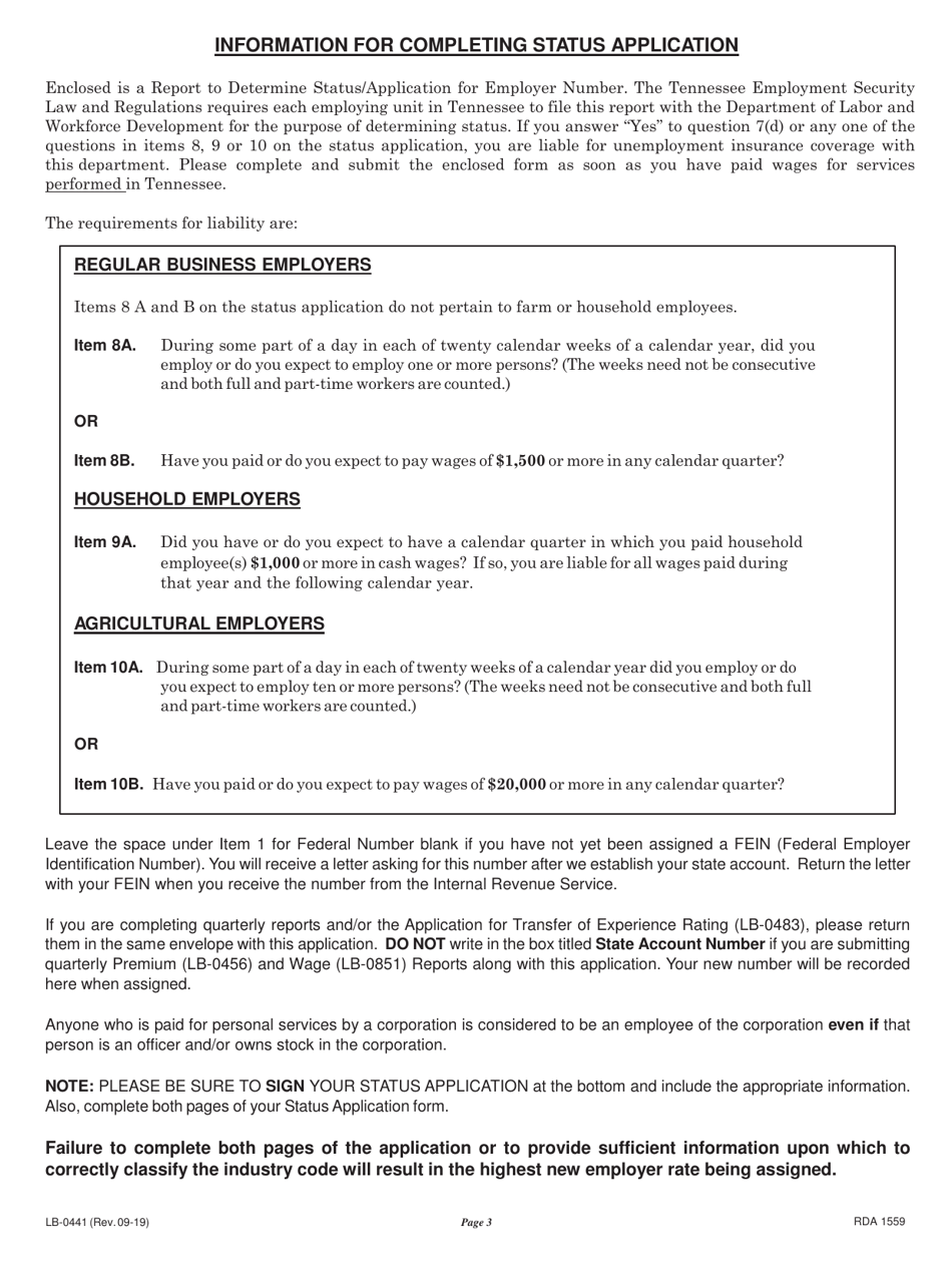 Form LB-0441 Report to Determine Status - Application for Employer Number - Tennessee, Page 3