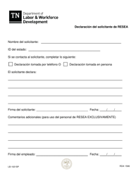 Document preview: Formulario LB-1021SP Declaracion Del Solicitante De Resea - Tennessee (Spanish)