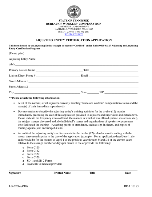 Form LB-3266 Adjusting Entity Certification Application - Tennessee