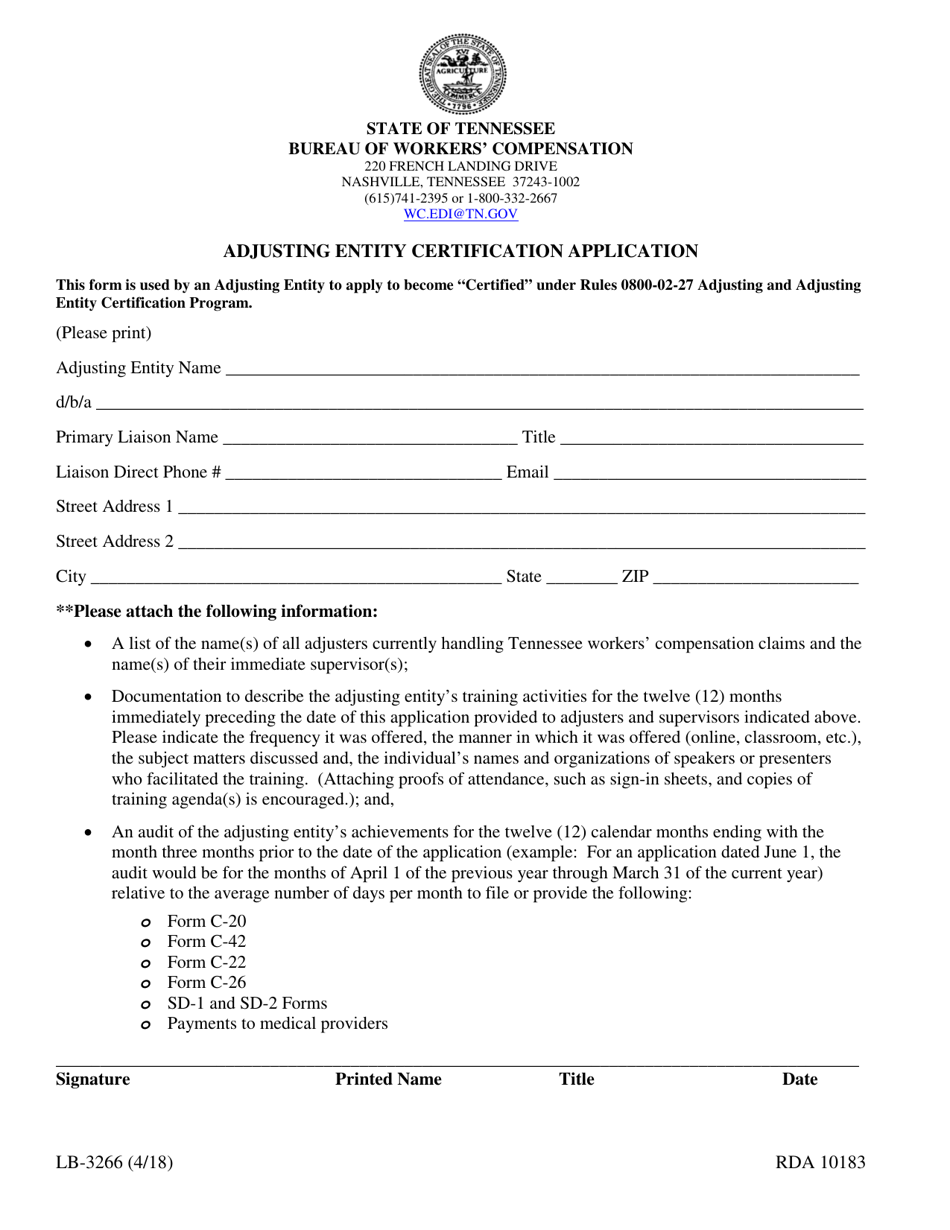 Form LB-3266 Adjusting Entity Certification Application - Tennessee, Page 1