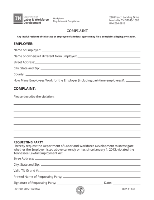 Form LB-1082 Violation of Tn Lawful Employment Act Complaint Form - Tennessee