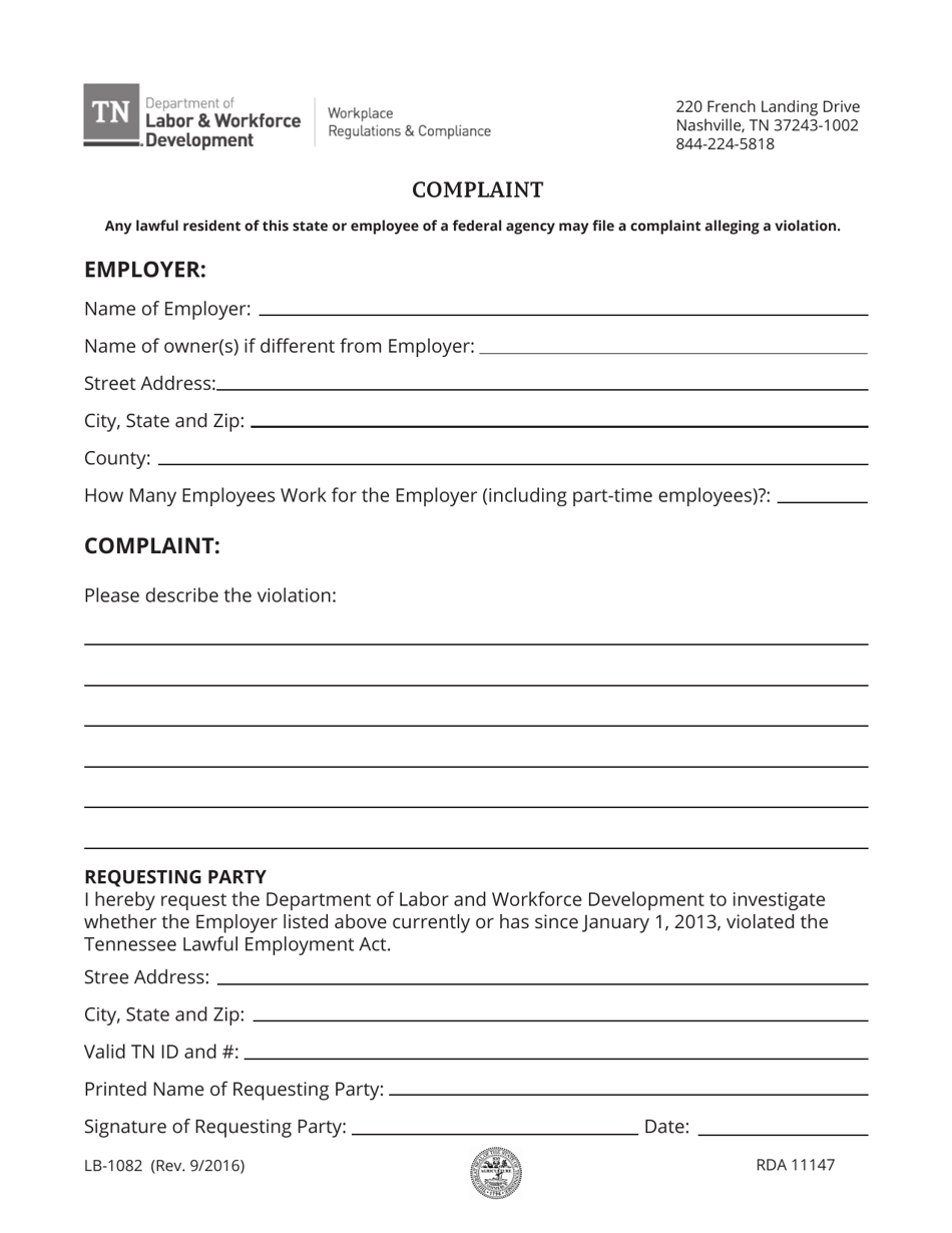 Form LB-1082 Violation of Tn Lawful Employment Act Complaint Form - Tennessee, Page 1