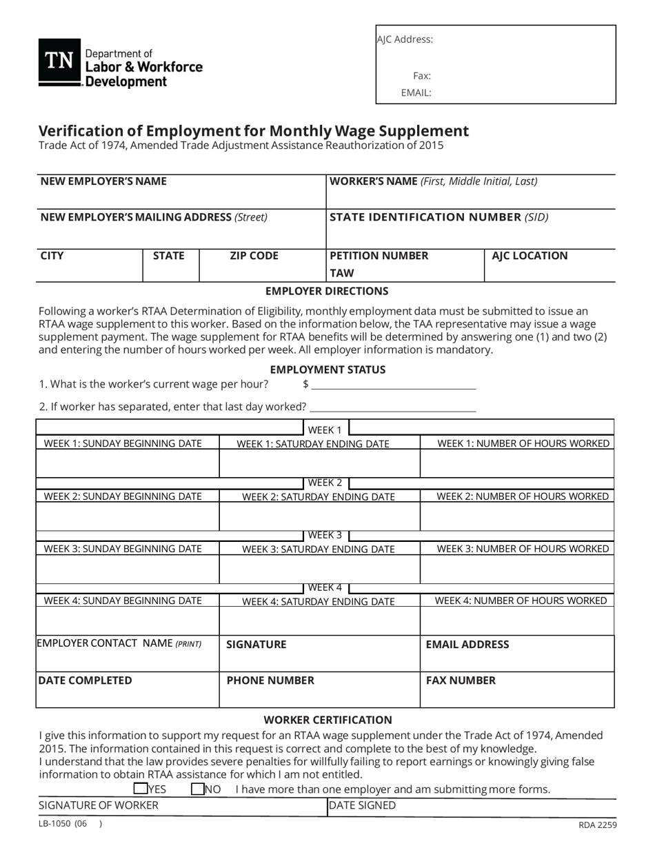 Form LB-1050 Verification of Employment for Monthly Wage Supplement - Tennessee, Page 1