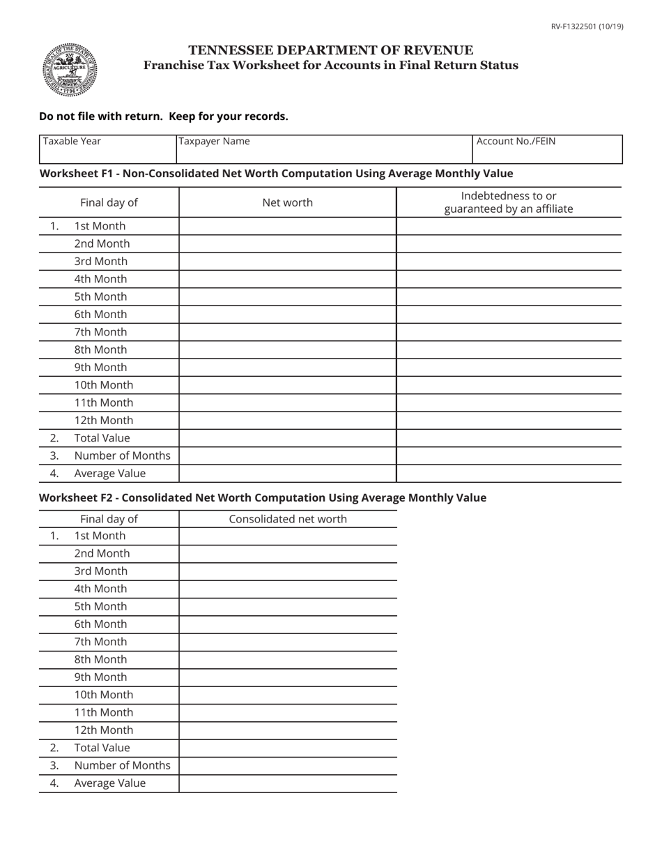 Form RV-F1322501 Franchise Tax Worksheet for Accounts in Final Return Status - Tennessee, Page 1