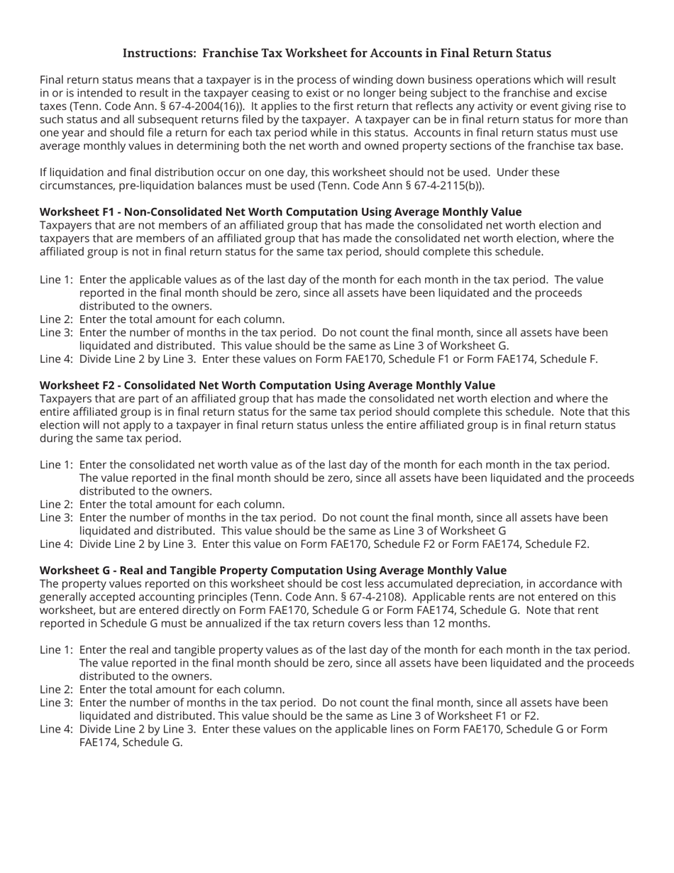 Form RV-F1322501 Franchise Tax Worksheet for Accounts in Final Return Status - Tennessee, Page 3