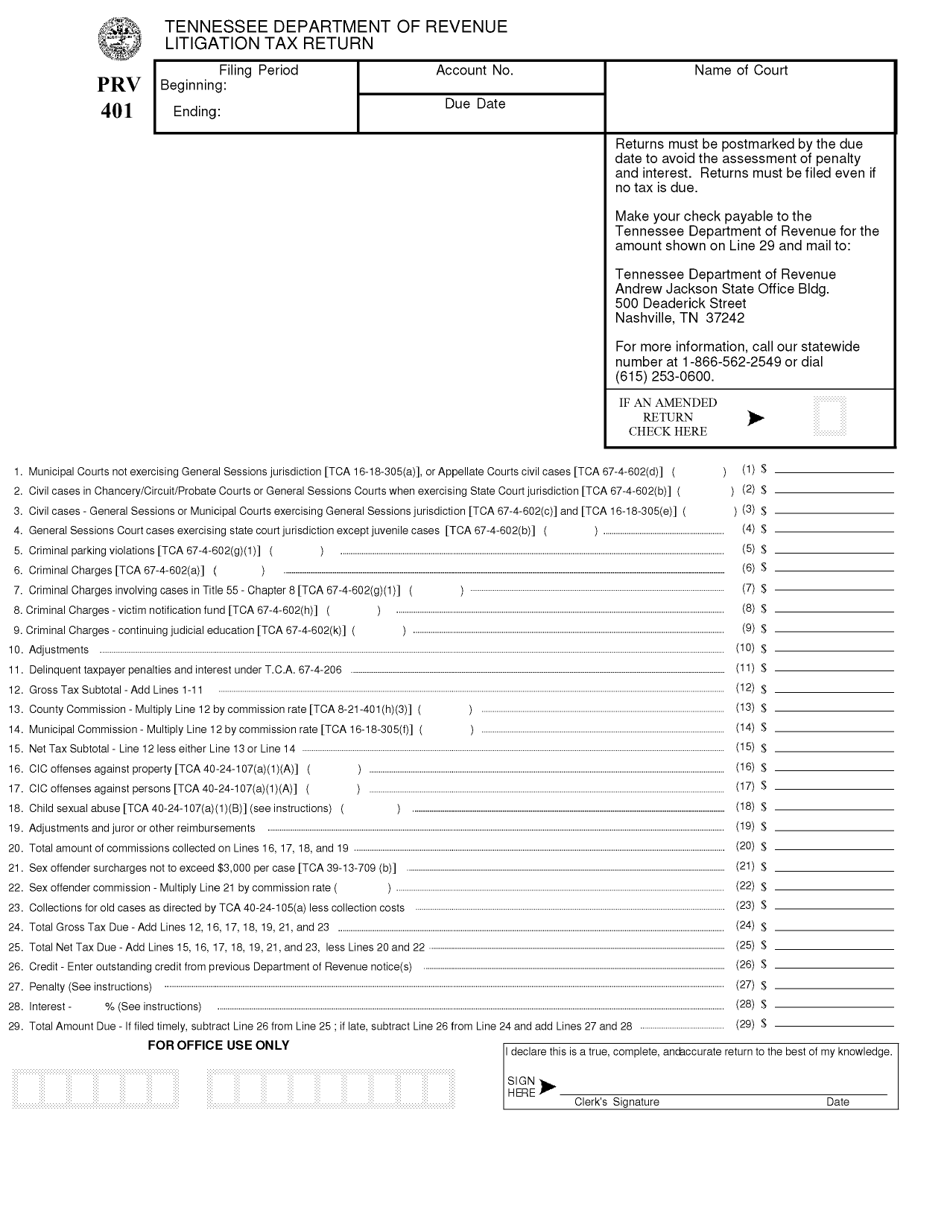 Form PRV401 Litigation Tax Return - Tennessee, Page 1