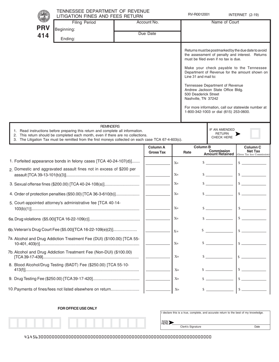Form PRV414 (RV-R0012001) Litigation Fines and Fees Return - Tennessee, Page 1