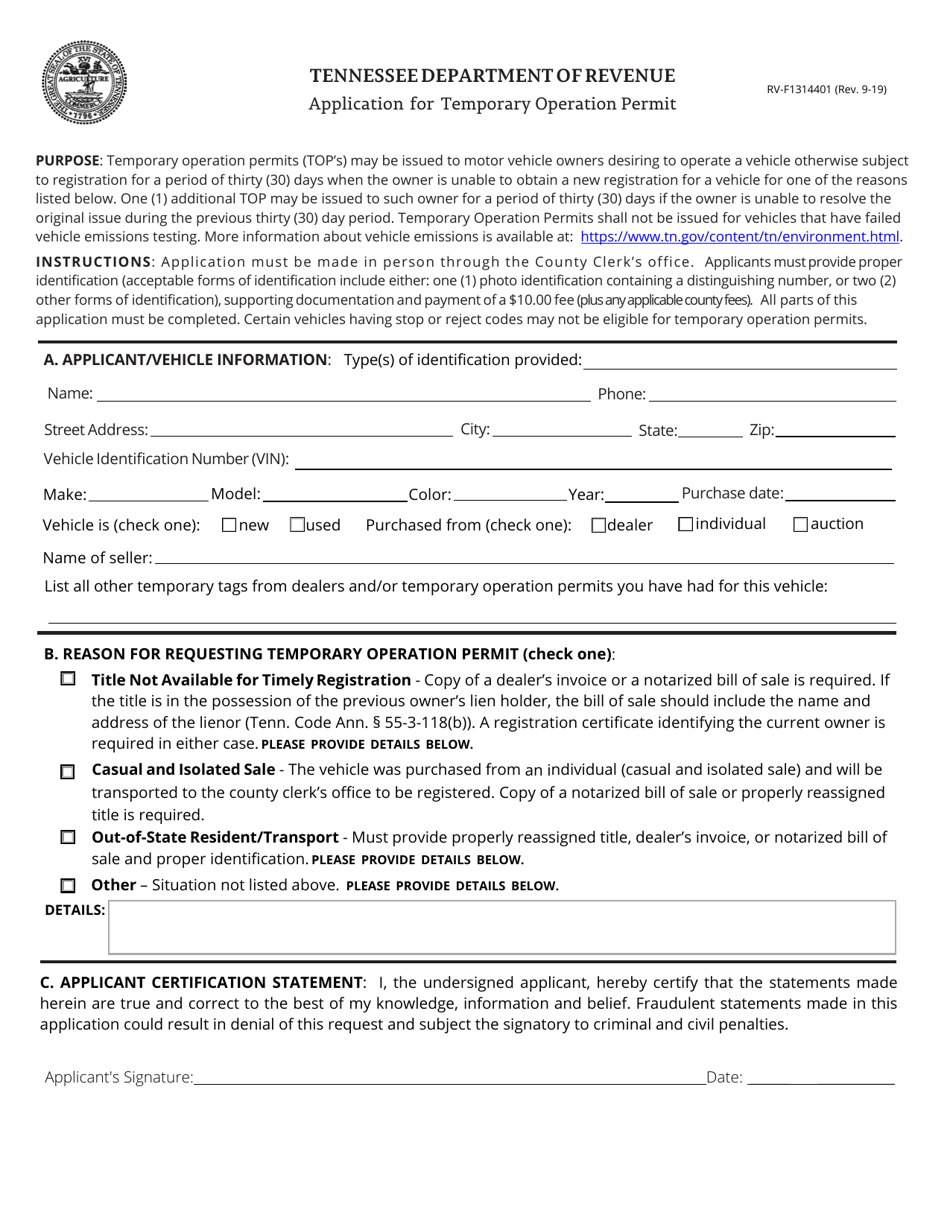 Form RV-F1314401 Application for Temporary Operation Permit - Tennessee, Page 1