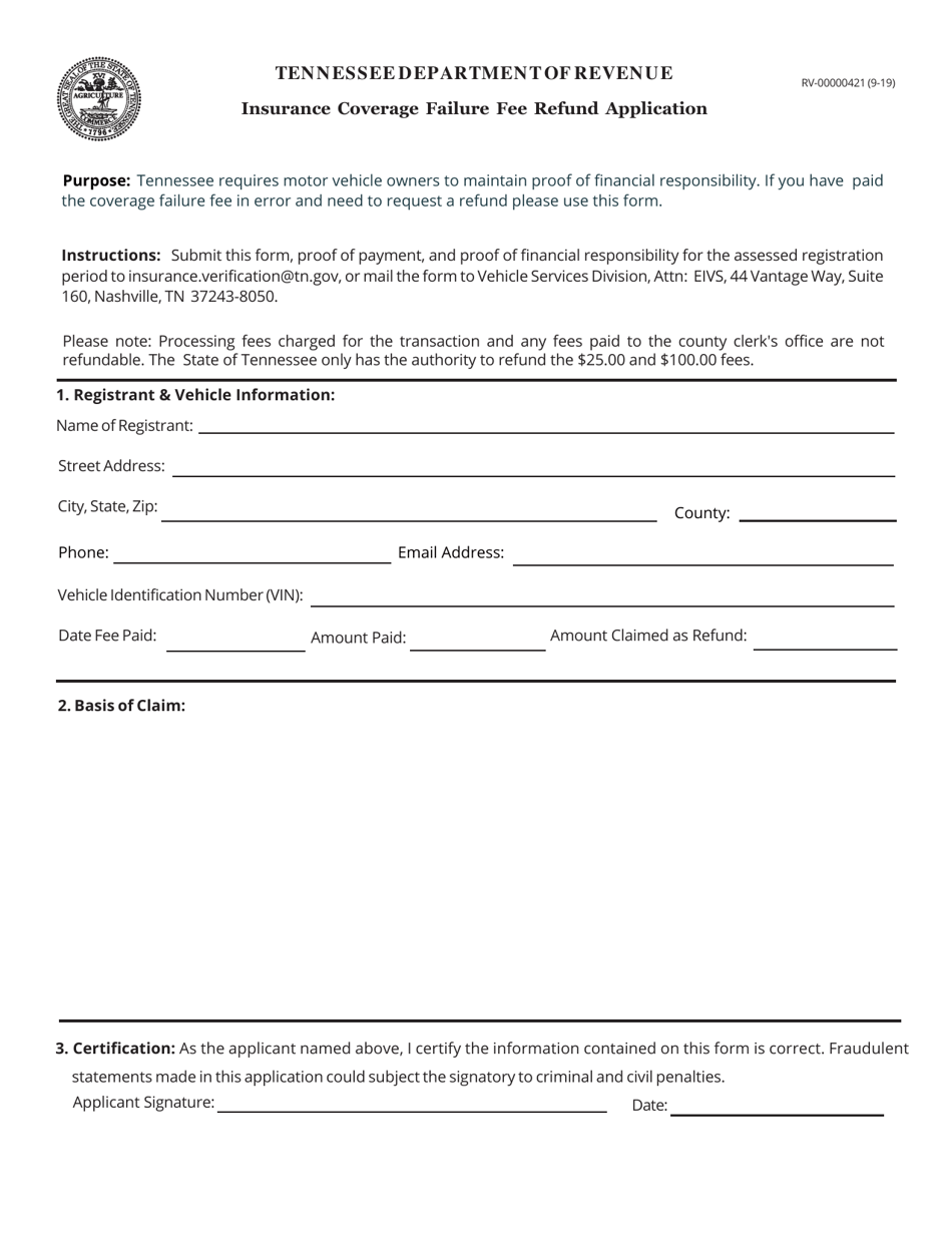 Form RV-00000421 Insurance Coverage Failure Fee Refund Application - Tennessee, Page 1