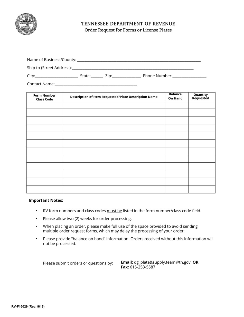 Form RV-F16029 Order Request for Forms or License Plates - Tennessee, Page 1