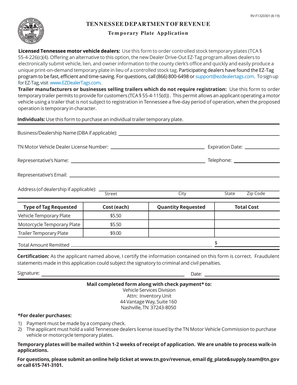 Form RV-F1320301 Temporary Plate Application - Tennessee, Page 1