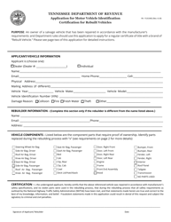 Form RV-F1315401 Application for Motor Vehicle Identification Certification for Rebuilt Vehicles - Tennessee