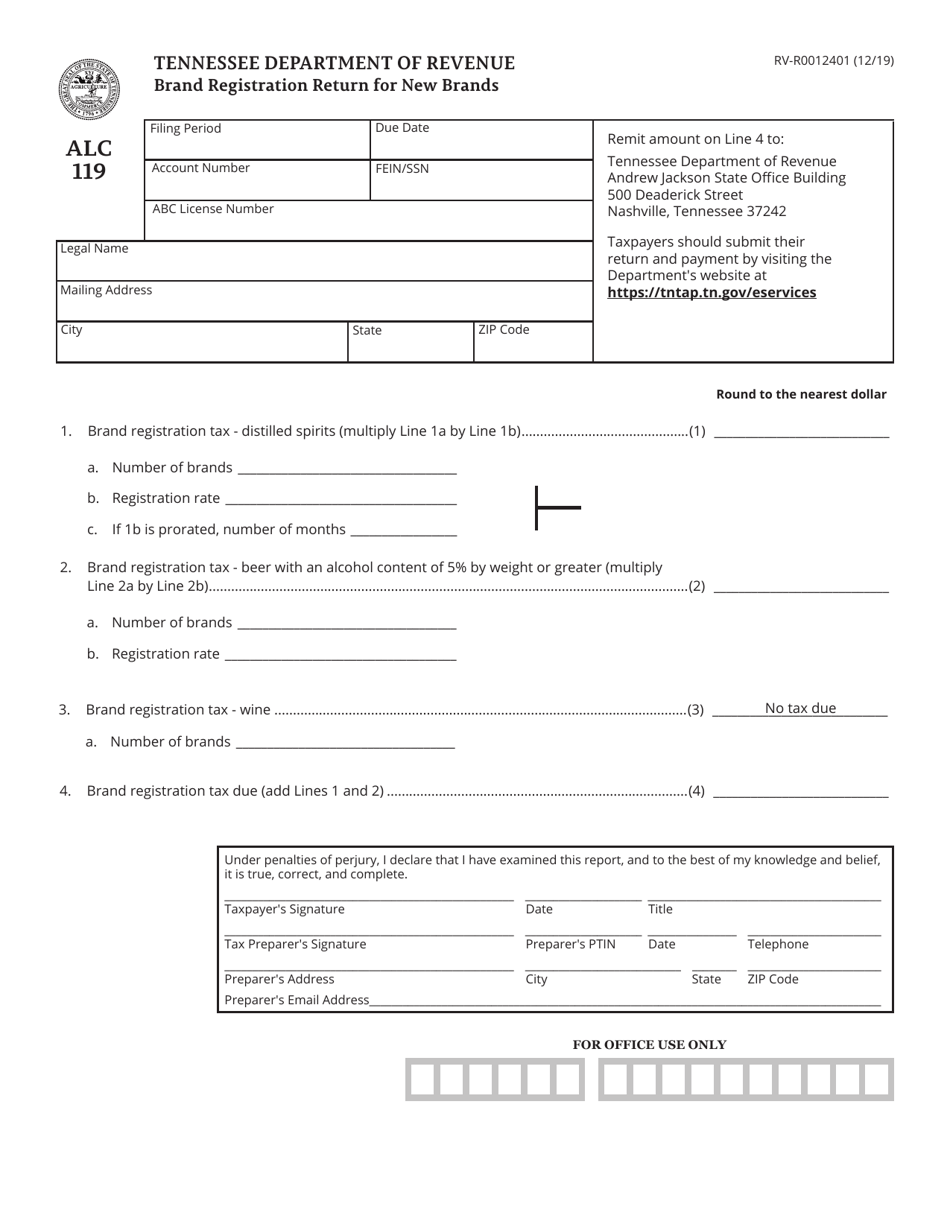 Form ALC119 (RV-R0012401) Brand Registration Return for New Brands - Tennessee, Page 1