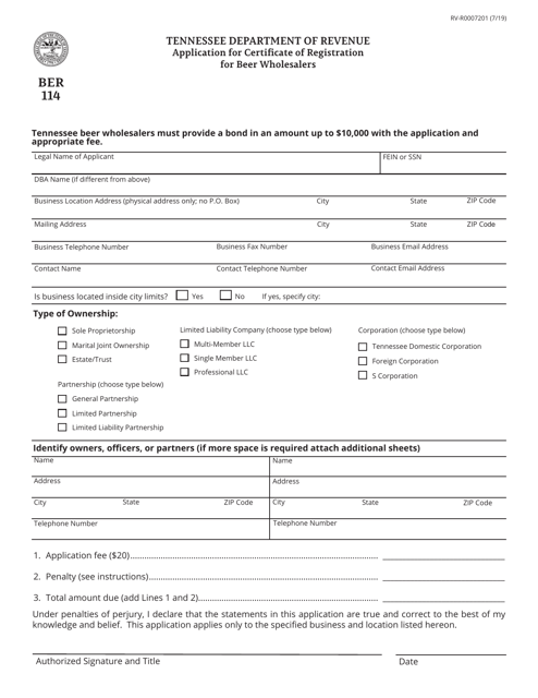 Form BER114 (RV-R0007201) Application for Certificate of Registration for Beer Wholesalers - Tennessee