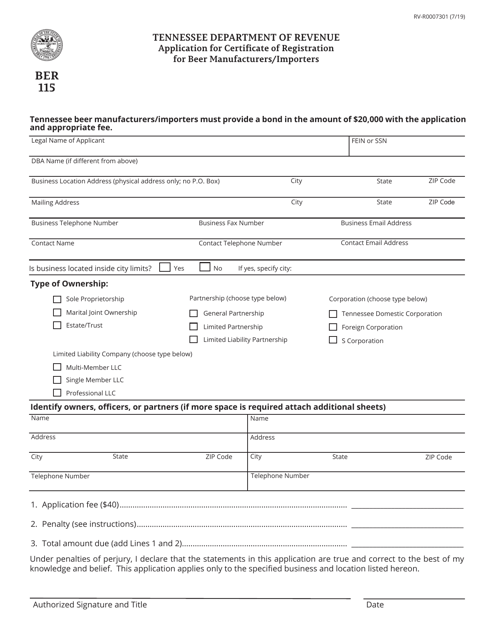 Form BER115 (RV-R0007301) Application for Certificate of Registration for Beer Manufacturers/Importers - Tennessee