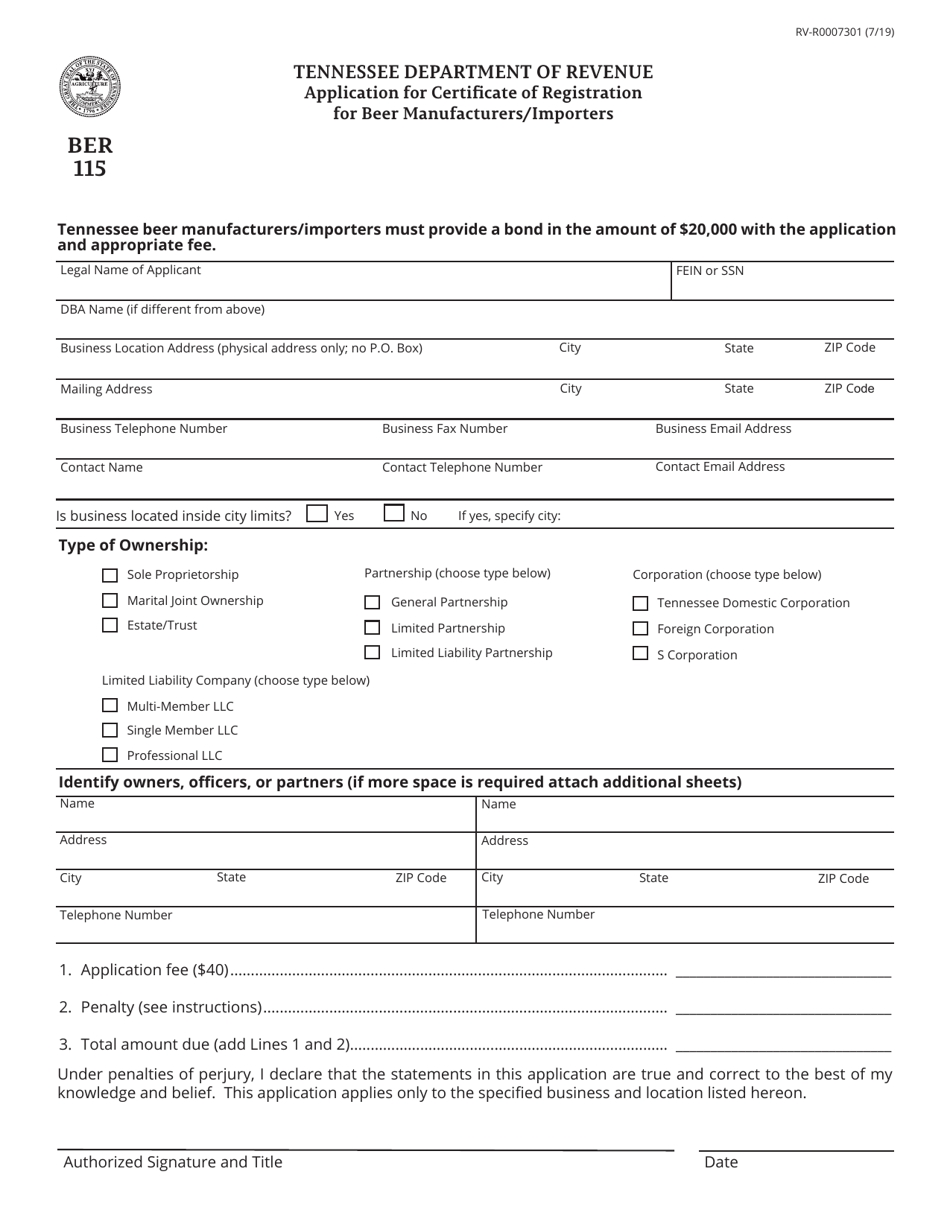 Form BER115 (RV-R0007301) Application for Certificate of Registration for Beer Manufacturers / Importers - Tennessee, Page 1