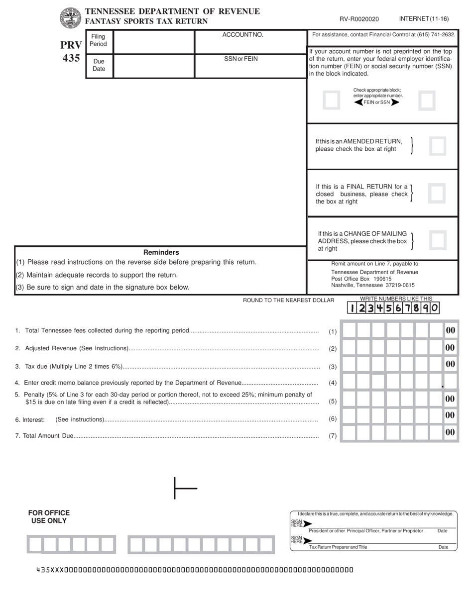 Form PRV435 (RV-R0020020) Fantasy Sports Tax Return - Tennessee, Page 1