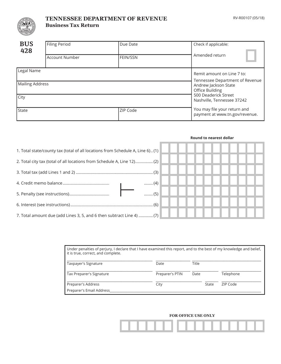 Form BUS428 (RV-R00107) Business Tax Return - Tennessee, Page 1